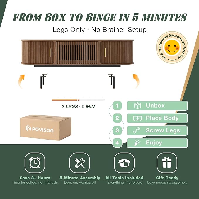 POVISON Sliding Tambour Door TV Stand, Mid Century Modern Sintered Stone TV Console, Wood Media Console for 70 Inch TV, Entertainment Center with Storage Cabinet, Fully-Assembled (Walnut, 70.87")