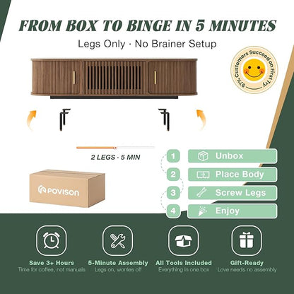 POVISON Sliding Tambour Door TV Stand, Mid Century Modern Sintered Stone TV Console, Wood Media Console for 70 Inch TV, Entertainment Center with Storage Cabinet, Fully-Assembled (Walnut, 70.87")