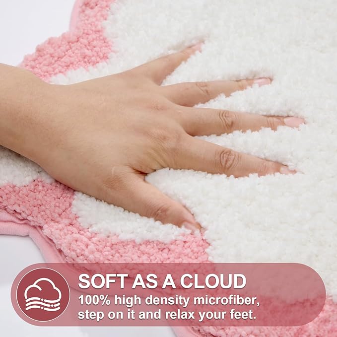ORTIGIA Long Cute Scalloped Bathroom Rugs Runner, Fun White and Pink Plush Microfiber Scallop Bath Mats Non Slip Washable Quick Dry Absorbent, Rug for Bathtub Sink Laundry Room Bedroom, 17x47