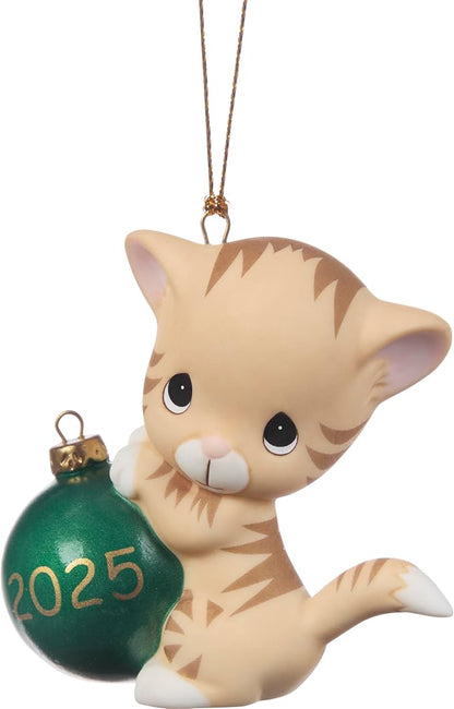 Precious Moments Purr-fectly Festive 2025 Dated Cat Bisque Porcelain Ornament – Festive Tabby with Christmas Ball – 251007