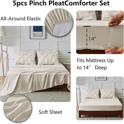 CozyLux Twin Comforter Set with Sheets Beige, 5 Pieces Pintuck Bed in A Bag, Twin Bed Set Gift for Family, Pinch Pleat Bedding Set with Comforter, Sheets, Pillowcase & Sham