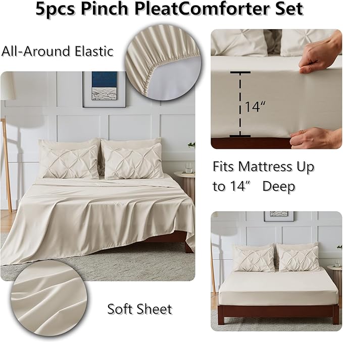 CozyLux Twin XL Comforter Set Beige, 5 Pieces Twin Extra Long Pintuck Bed in A Bag for College Dorm, Pinch Pleat Bedding Set with Comforter, Sheets, Pillowcase & Sham