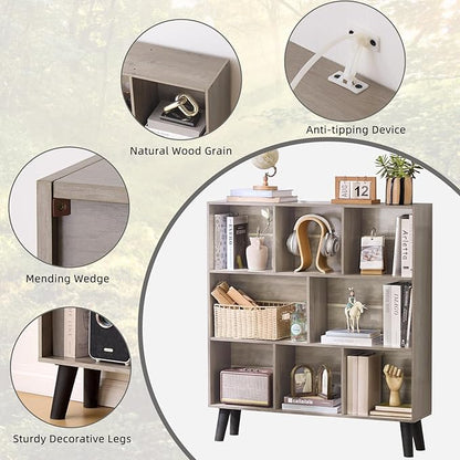 LEYAOYAO 8 Cube Bookshelf,3 Tier Bookcase with Legs,Modern Grey Mid-Century Bookshelves,Large Farmhouse Open Storage Organizer Shelf, Retro Wooden Display Book Case for Bedroom,Living Room,Office