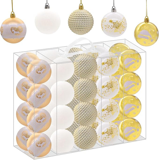 40PCS 2.36" Christmas Balls Ornaments, Plastic Christmas Tree Ornaments, Holiday Baubles, Hanging Decorations for Xmas Trees Holiday Party, Gold White Baubles