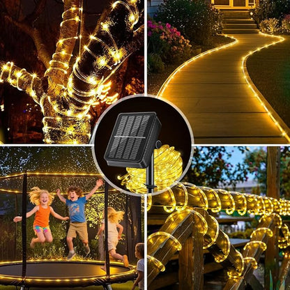 Solar Rope Lights Waterproof 65FT 200LEDs,High Capacity Rechargeable Battery,Dual Charging,Outdoor String Light,Remote-Control,for Pathway Patio Garden Palm Tree Christmas (Brighter - Warm White)