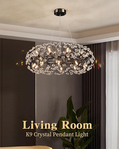 Modern Firework Chandelier, Farmhouse Black Crystal Round Dandelion Sputnik Chandeliers, 31.5" Contemporary 20-Light Pendant Hanging Lighting for Dining Room Kitchen Bedroom Living Room