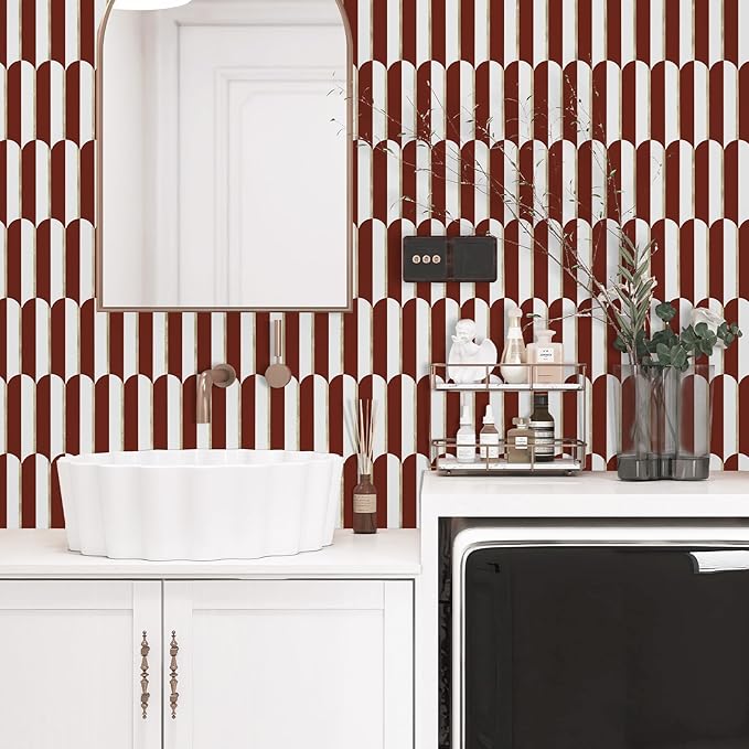 Vamos Tile Peel and Stick Backsplash Seamless Tile for Kitchen,White and Red PVC Mixed Light Gold Self Adhesive Fish Scale Metal Mosaic Tiles (10 Sheets)