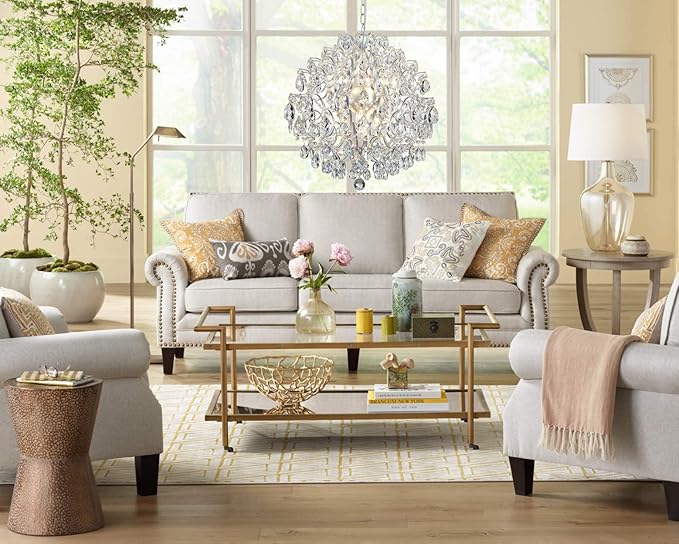 Bestier Silver Modern Pendant Chandelier Crystal Raindrop Lighting Ceiling Light Fixture Lamp for Dining Room Bathroom Bedroom Livingroom 6 E12 Bulbs Required D19 in x H21 in
