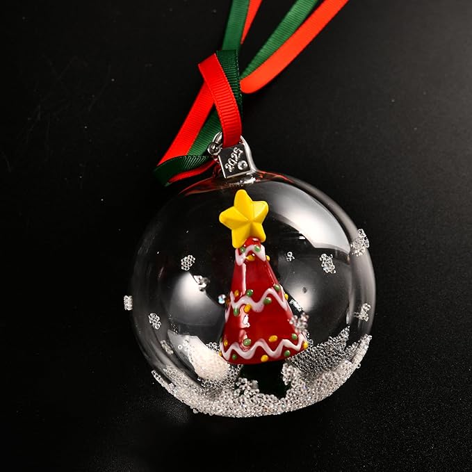 2025 Crystal Clear Glass Ball Christmas Ornament, Modern Tree Decoration with Red Ribbon (Christmas Tree)