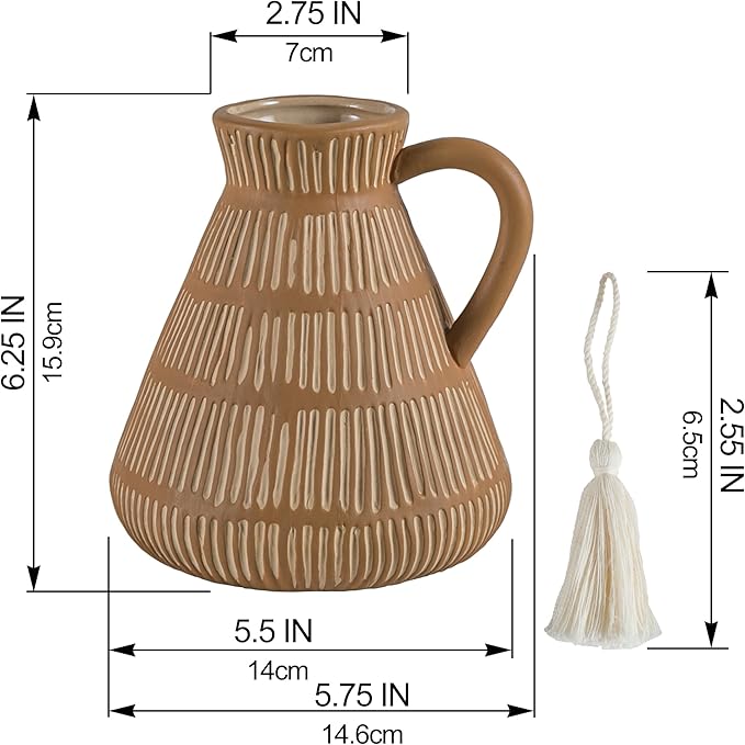 Rustic Farmhouse Vase with Handle and Tassel, Vertical Stripes Terracotta Pottery - Vintage Ceramic Clay for Home Décor, Shelf, Table, Bookshelf, Mantle, Entryway