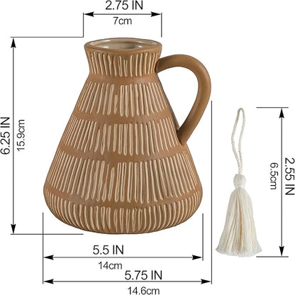Rustic Farmhouse Vase with Handle and Tassel, Vertical Stripes Terracotta Pottery - Vintage Ceramic Clay for Home Décor, Shelf, Table, Bookshelf, Mantle, Entryway
