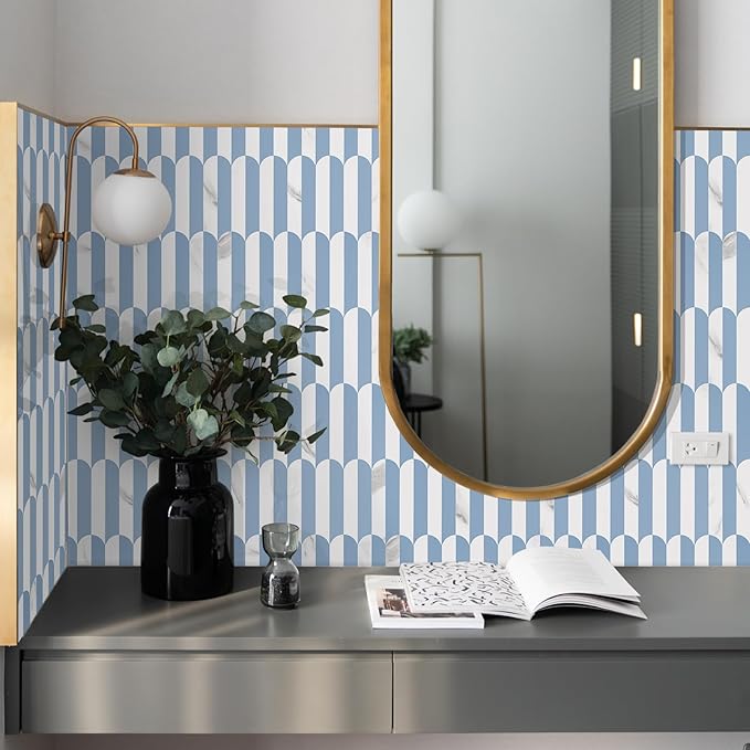 Vamos Tile Peel and Stick Backsplash Seamless Tile,10-Sheets Stick on Backsplash for Kitchen and Bathroom,Light Blue and Statury White PVC Self Adhesive Mosaic Tiles