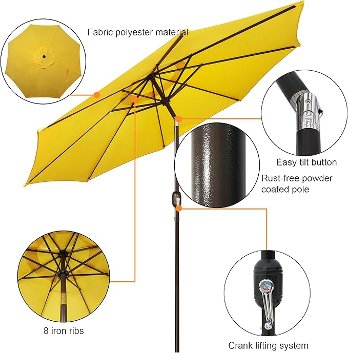 Blissun 9' Outdoor Patio Umbrella, Outdoor Table Umbrella, Yard Umbrella, Market Umbrella with 8 Sturdy Ribs, Push Button Tilt and Crank