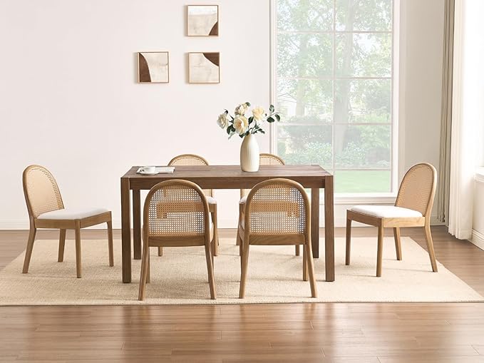 Upholstered Wooden Dining Chairs Set of 2, Farmhouse Kitchen & Dining Room Chairs with Cane Back, Accent Dining Table Chairs Beige Linen Seat for Kitchen/Restaurant/Living Room, Beige