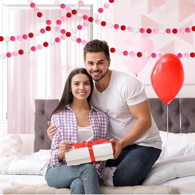 MARFOREVER 4 Pack 26.3 Feet Pink Christmas Decorations Red Pink White Pom Pom Garlands Christmas Felt Ball Hanging Supplies for Xmas Valentine's Day Wedding Birthday Party Home Wall Decor