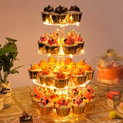 YestBuy 4 Tier Round Cupcake Stand, Cupcake Holder, 4 Tier Cupcake, Acrylic Cake Tower Stand Display for Pastry + LED Light String, Ideal for Weddings, Birthday Parties (Yellow)