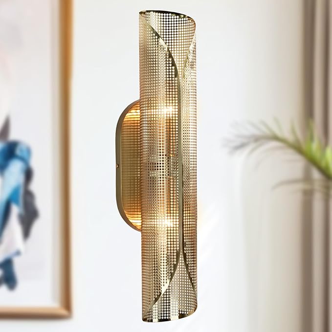 Modern Aged Brass Curved Rounded Perforated Metal Canopy Double Wall Sconce, Hand-Made Wall Mounted Light Beside Mirror, Wall Light for Hallway, Bedroom, Living Room