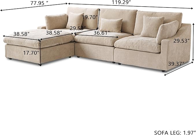 Cloud Couch Modular Sectional Sofa,119.29" L Shaped Couch, Oversized Down Filled Convertible Wide Seater,3 Seater with 1 Ottoman for Living Room Set, Covers Washable&Replaceable,Khaki