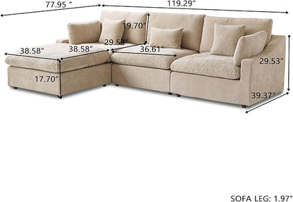 Cloud Couch Modular Sectional Sofa,119.29" L Shaped Couch, Oversized Down Filled Convertible Wide Seater,3 Seater with 1 Ottoman for Living Room Set, Covers Washable&Replaceable,Khaki