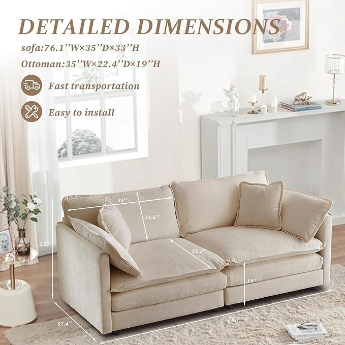 SoarFlash Chenille Sectional Sofa, Comfy Modular Loveseat Sofa, Modern 2-Seat Couch Deep Seat Sofa Set for Living Room,Light Coffee