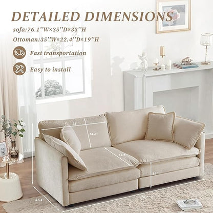 SoarFlash Chenille Sectional Sofa, Comfy Modular Loveseat Sofa, Modern 2-Seat Couch Deep Seat Sofa Set for Living Room,Light Coffee