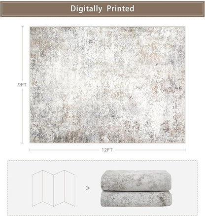Modern Washable Rugs 9x12 Area Rugs for Living Room,Abstract Rugs for Bedroom,Large Carpets,Ultra Soft Faux Wool Retro Dining Room Rug,Non Slip&Non-Shedding Low Pile Print Rug- Beige Grey