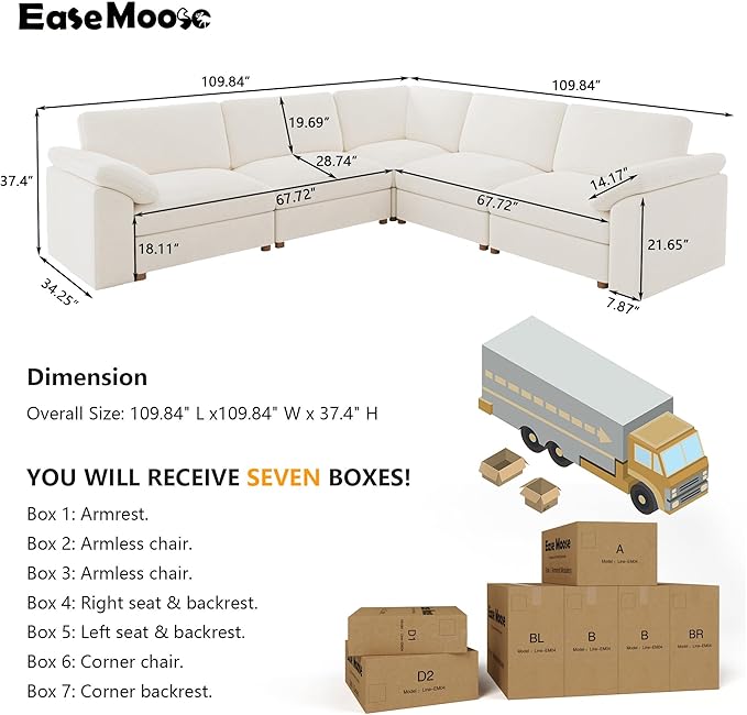 EASE MOOSE Oversized Modular Sectional Sofa, Extra Large L Shape Sectional Couch,Comfty Wide Deep seat Modular Sofa for Living Room, Removable Cover,White