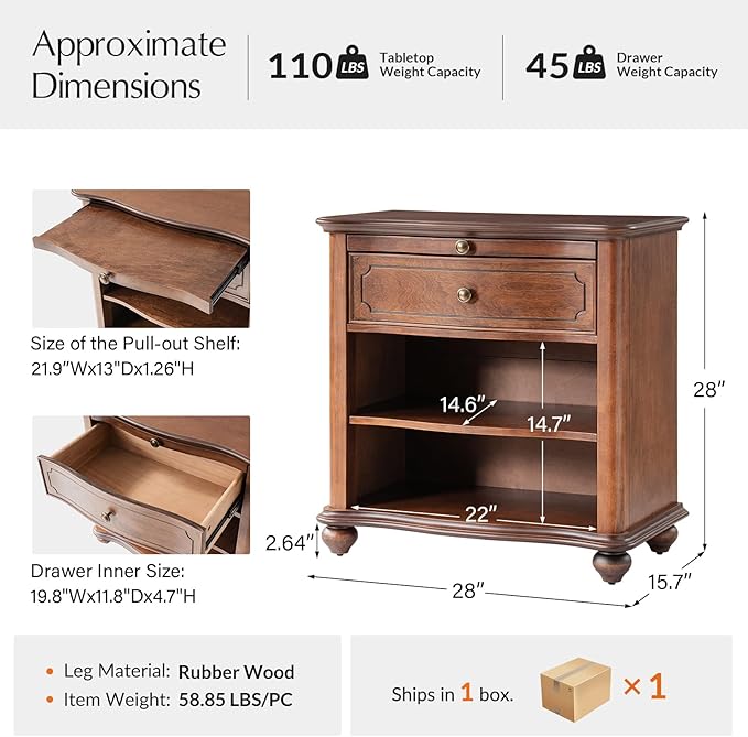 HULALA HOME Wooden Nightstand with Pull-Out Shelf, Mid Century Modern Nightstand with Solid Wood Drawers and Legs, Adjustable Storage, Brown