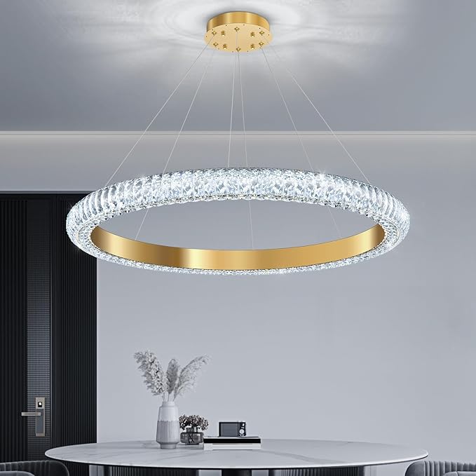 31.5" 1 Ring Crystal Chandelier Modern LED Dimmable Ring Pendant Light Chandelier for Dining Room Living Room Gold