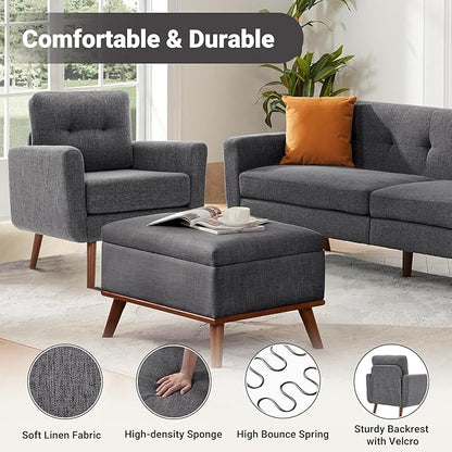 Tbfit Linen Fabric Accent Chairs Set of 2, Mid Century Modern Armchair for Living Room, Bedroom Button Tufted Upholstered Comfy Reading Accent Chair Sofa(Grey)