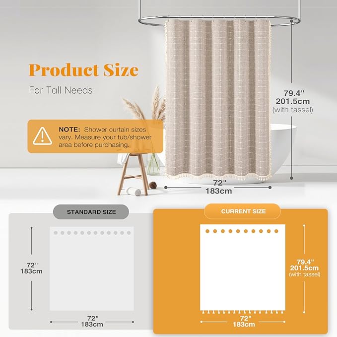 BTTN 78 Inch Long Shower Curtain - Boho Linen Thick Fabric Shower Curtain Set with Plastic Hooks, Tall Rustic Modern Farmhouse Country Heavy Duty Cloth Shower Curtains for Bathroom - Tan/Taupe, 72x78