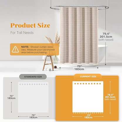 BTTN 78 Inch Long Shower Curtain - Boho Linen Thick Fabric Shower Curtain Set with Plastic Hooks, Tall Rustic Modern Farmhouse Country Heavy Duty Cloth Shower Curtains for Bathroom - Tan/Taupe, 72x78