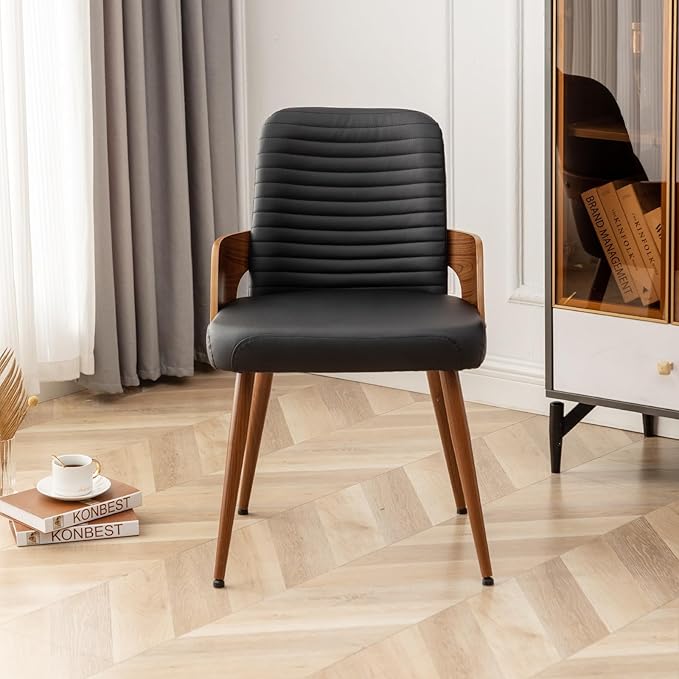 Dining Room Chairs Set of 4,Mid Century Modern Kitchen Chairs,Upholstered Faux Leather Chairs,Metal Legs Wooden Desk Chairs,Armless and No Wheels for Kitchen Dining Living Room,Black