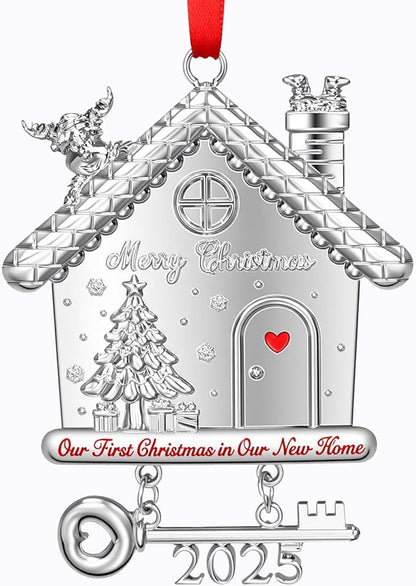 New Home Christmas Ornament 2025, Our First Christmas in New Home House Ornament with 2025 Key Design, Housewarming Gift for New Homeowners, Metal Xmas Tree Decoration Keepsake