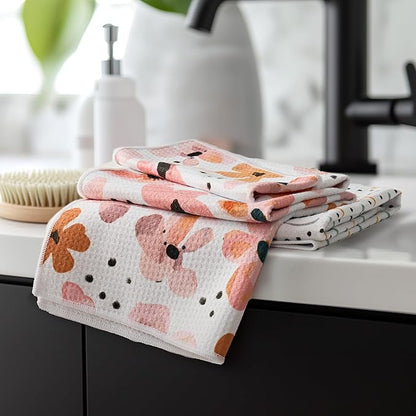 RECYCO Waffle Kitchen Towels Set of 2 Quick Dry Microfiber Sustainable Lightweight Hand Towels Blossom Breeze 16x28