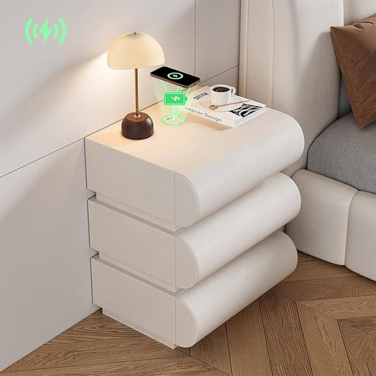 homary White Leather Nightstand with Wireless Charger, Smart Night Stand with Charging Station, Modern Bedside Table with 3 Drawers for Bedrooms Living Rooms Offices