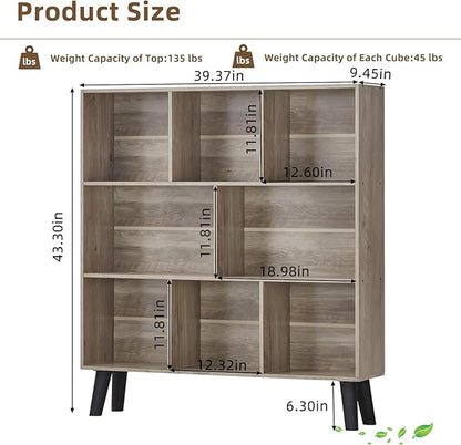 LEYAOYAO 8 Cube Bookshelf,3 Tier Bookcase with Legs,Modern Grey Mid-Century Bookshelves,Large Farmhouse Open Storage Organizer Shelf, Retro Wooden Display Book Case for Bedroom,Living Room,Office