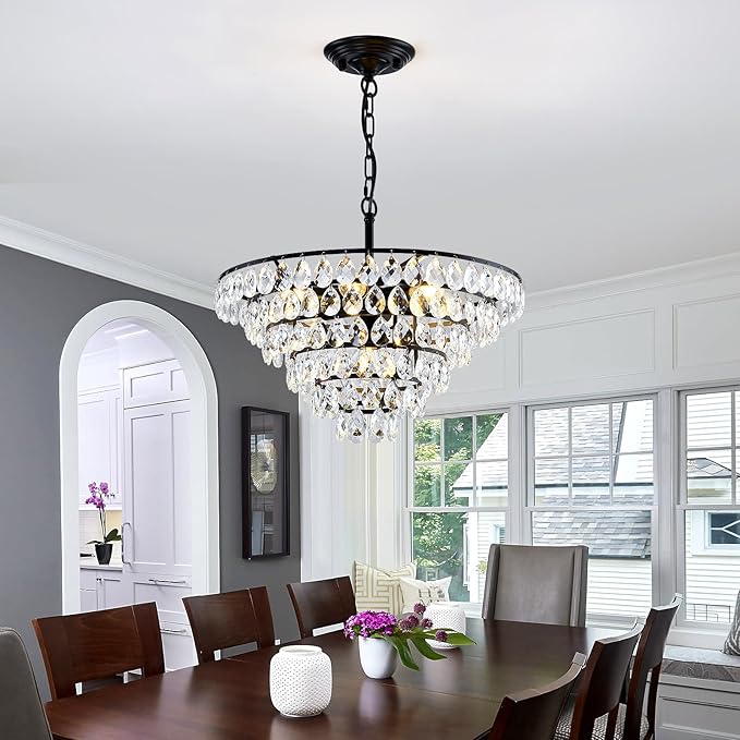 YYJLX Modern Crystal Chandelier 7 Light 20" Raindrop Black Ceiling Chandelier Adjustable Hanging Light Fixture for Dining Room Foyer Entryway Staircase Living Room