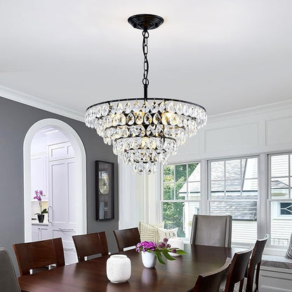YYJLX Modern Crystal Chandelier 7 Light 20" Raindrop Black Ceiling Chandelier Adjustable Hanging Light Fixture for Dining Room Foyer Entryway Staircase Living Room
