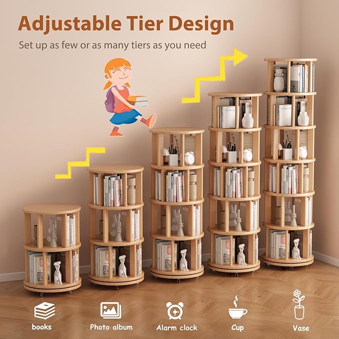 Solid Wood Rotating Bookshelf on Wheels, 6 Tier, Round Revolving Bookcase, 360° Spinning Book Shelf Tower for Kids, Narrow Rolling Bookshelves for Small Space, Corner, Bedroom, Office, Natural