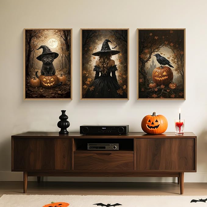 HOURIA Large Halloween Spooky Witch Black Cat Raven Framed Canvas Wall Art Set,Witchy Hat Pumpkin Wall Decor,Full Moon Autumn Forest Artwork,Dark Castle Art Prints for Living Room, Bedroom-24 x36 x3