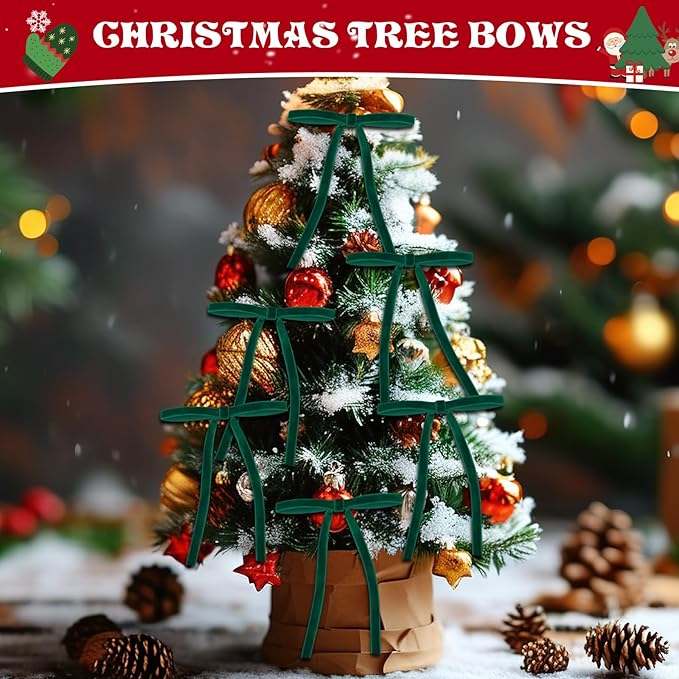 24 Pcs Green Velvet Bows for Christmas Tree, Elegant Dark Green Velvet Christmas Ornaments, 5x7 Inch Pre-Tied Ribbon Bows for Wreaths, Gifts & Holiday Décor (3/8")