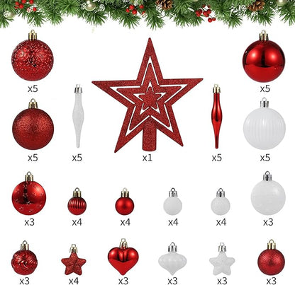 72 Pcs Shatterproof Christmas Balls Ornaments for Outdoor Use，Elegant Red and White Christmas Yard Decorations Outdoor with Hanging Loops，A Set of Christmas Tree Decoration for Home, Wedding, Party