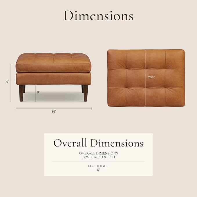 POLY & BARK Napa Ottoman - Full-Grain Leather Upholstered Ottoman with Feather-Down Topper - Accent Chairs for Living Room - Vintage Italian Leather in Cognac Tan