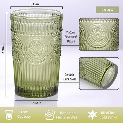 Vintage Glassware Drinking Glasses Set of 4-13 oz Green Highball Glasses Water Tumbler, Embossed Glassware Cups for Juice, Beer, Cocktail, Whiskey, Various Mixed Drinks