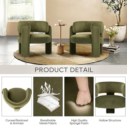 COLAMY Modern Velvet Accent Chair, Upholstered Barrel Chair, Comfy Side Arm Chair with 3 Legs for Living Room, Bedroom, Reading, Green