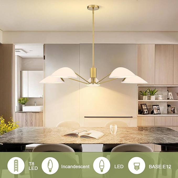 MEXO Modern Glass Chandeliers, Sputnik Chandelier Gold Pendant Lighting Fixture Glass Shade Ceiling Light for Dining Room Kitchen Island