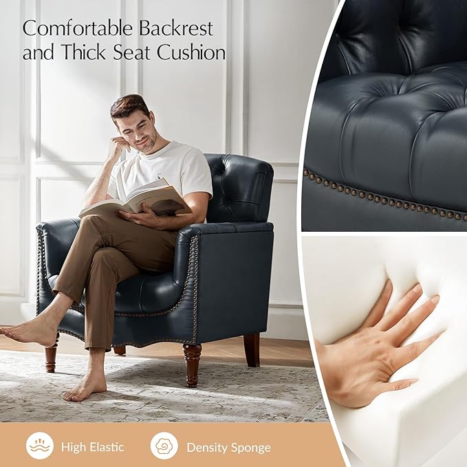 HULALA HOME Mid Century Modern Leather Club Chairs Set of 2, Top-Grain Genuine Leather Armchairs with Button-Tufted Back & Solid Wood Legs, Accent Chairs for Living Room/Bedroom/Home Office, Navy