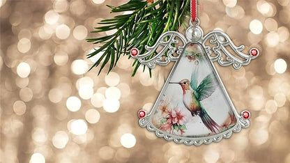 XUTAI Lovely Hummingbird and Pink Flowers Angel Christmas Tree Ornaments Pink Flower Christmas Ornament Glass Christmas Hanging Angel Glass Pendant for Holiday Decoration