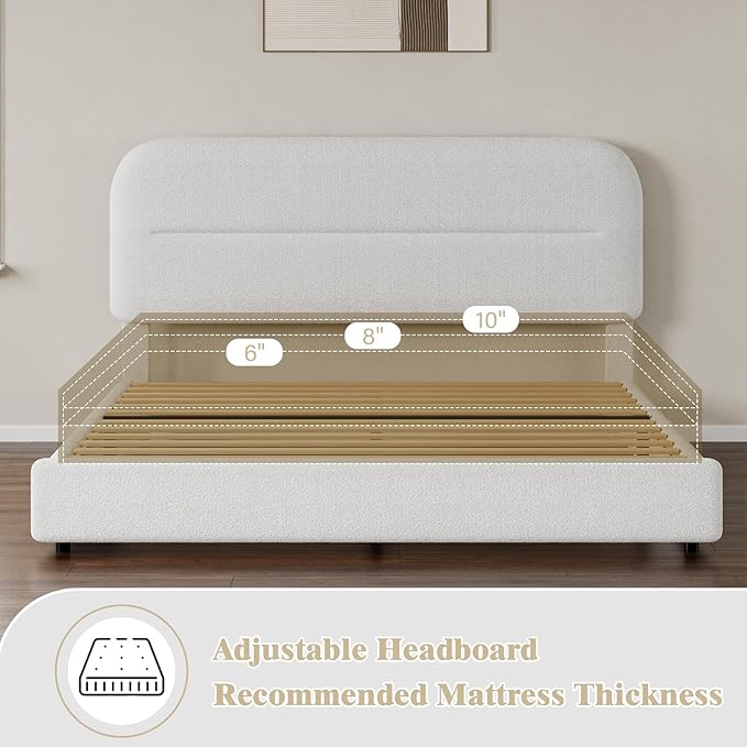 Full Size Bed Frame, Boucle Upholstered Bed Frame Full with Headboard and Thickened Footboard, Rounded Corners, No Box Spring Needed, Easy Assembly, White